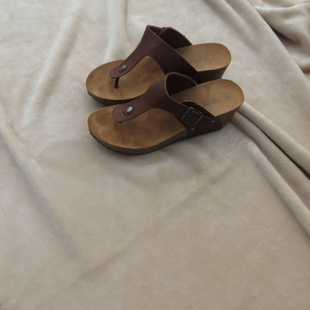 Agape Collection Sandals Womens 10 Brown Wedge Thong Buckle Platform Comfort